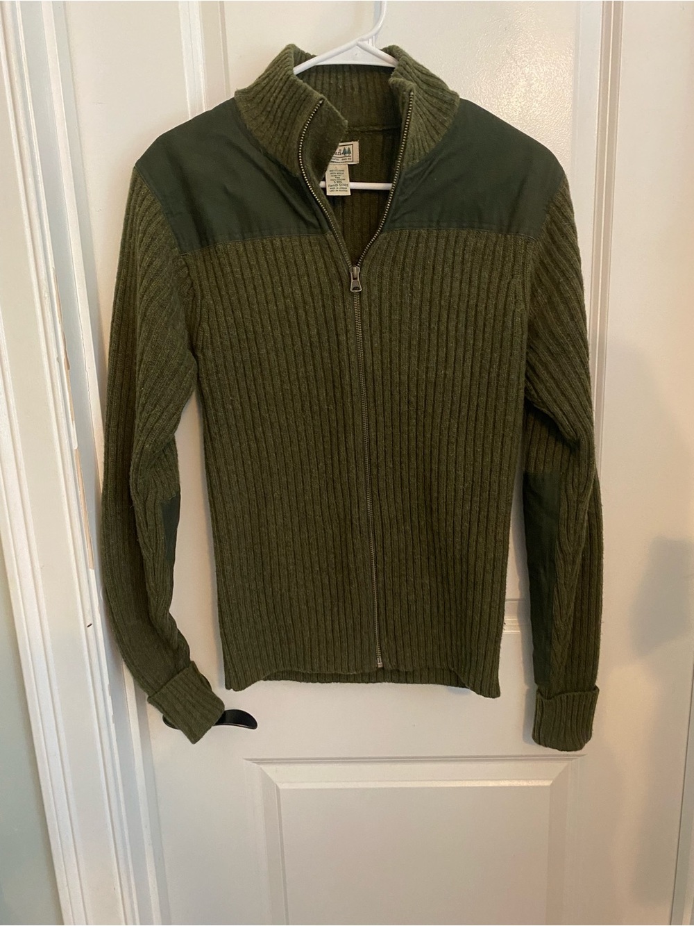 LL Bean Commando Olive Green Knit Zip-Up Lambswool Sweater Jacket